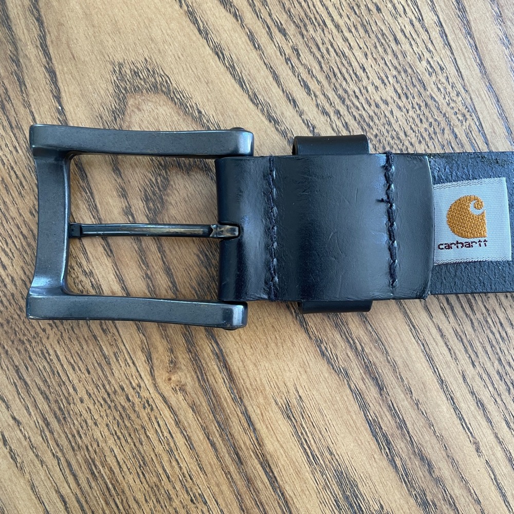 Carhartt Mens Black Leather Belt Silver Tone Buckle Size 34 Workwear
